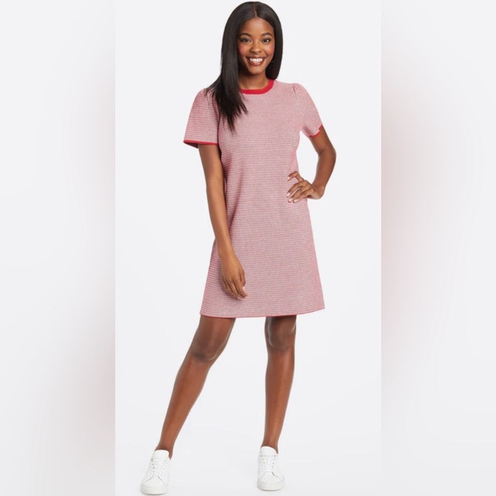 Draper James Pink Micro-Striped Short Sleeve Shift Dress with Red Trim